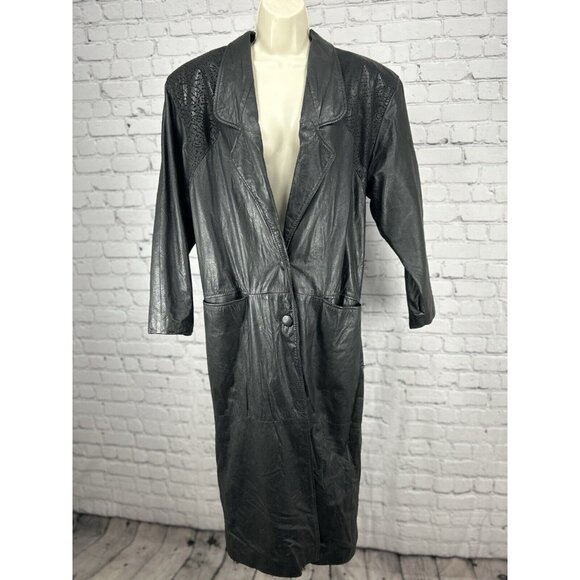 VTG Comint Black Genuine Leather Long Sleeve Goth Trench Duster Size Small S - Picture 1 of 12